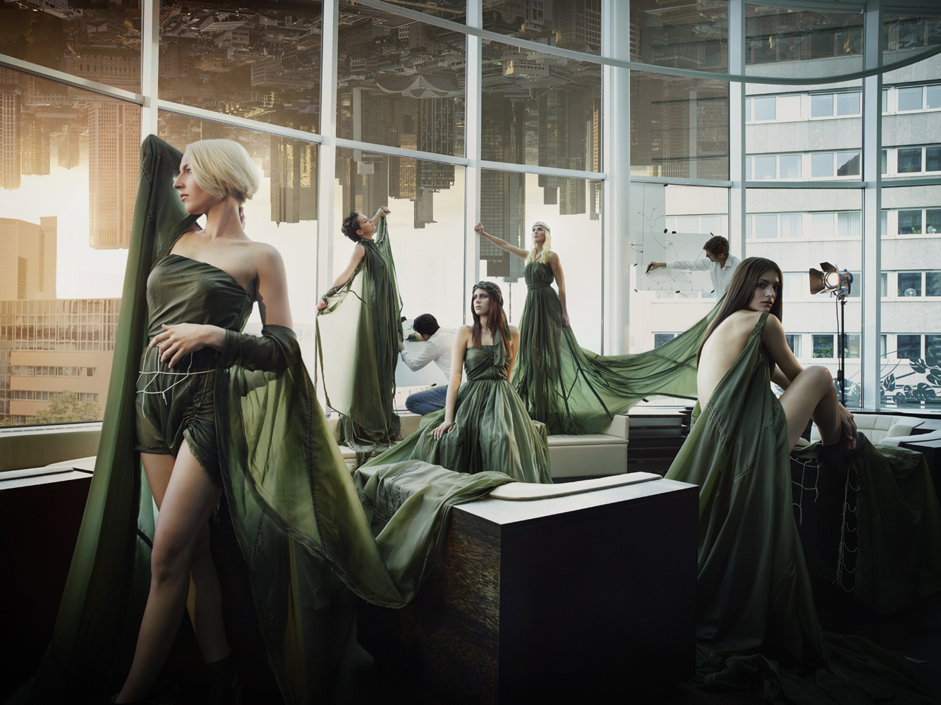 Fairy models in office with city background - Inkognito conceptual photography