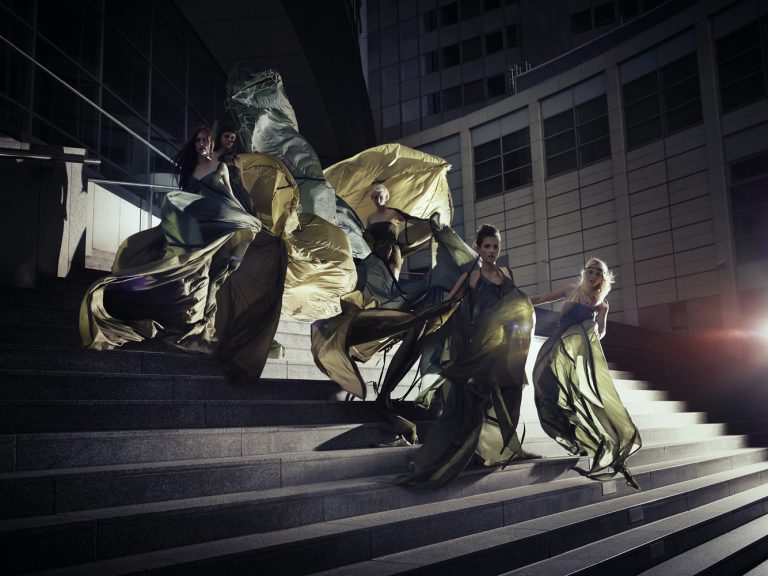 Models in green fairy dresses on staircase - Inkognito conceptual photography